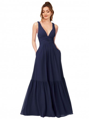 Cheap Floor Length Deep V-Neck Ruched Chiffon Long Bridesmaid Dress