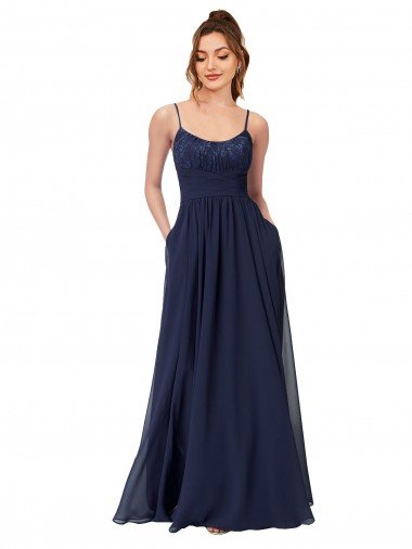 Cheap Long Chantilly Lace and Ruched Chiffon Bridesmaid Dress with Pockets