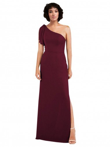 Cheap One Shoulder Chiffon Formal Bridesmaid Dress with Skirt Slit and Accent Strap
