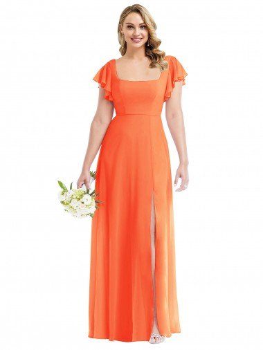 Cheap Flutter Sleeves Scoop Open Back Chiffon Maxi Bridesmaid Dress