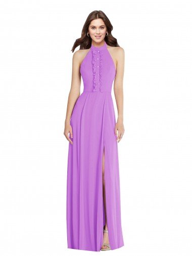 Cheap Halter Backless Maxi Formal Bridesmaid Dress with Button Ruffle Placket