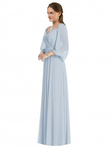 Cheap Off the Shoulder Puff Sleeve Maxi Formal Bridesmaid Dress with Front Slit