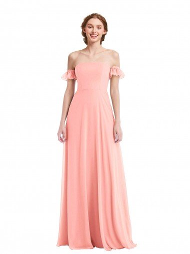 Cheap Off the Shoulder Ruffle Cuff Sleeve Chiffon Maxi Bridesmaid Dress