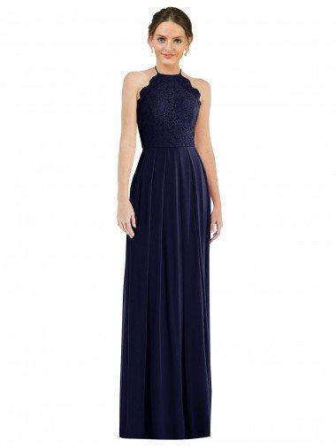 Cheap Tie Neck Lace Halter Pleated Skirt Maxi Bridesmaid Dress