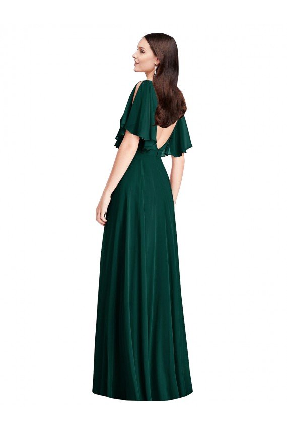 Backless Floor Length Split Sleeves Maxi Bridesmaid Dress