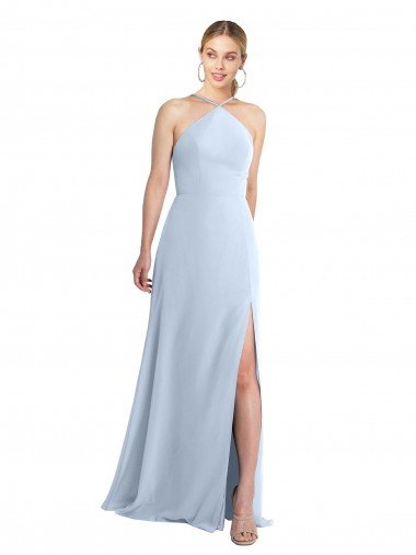 Cheap Halter Neck Long Chiffon Bridesmaid Dress with Strappy Back and Daring Side Slit
