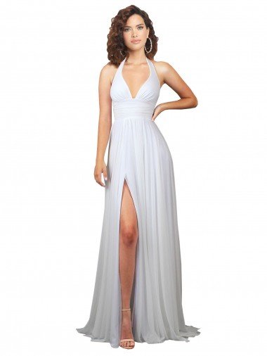 Cheap Halter Plunge V-Neckline Chiffon Dress with High Leg Split