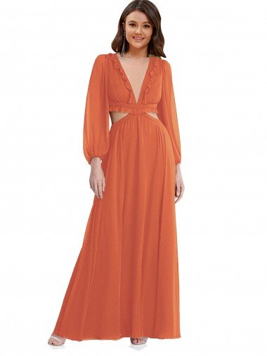 Cheap High Low Ruffled Long Chiffon Cutout Bishop Sleeves Maxi Bridesmaid Dress