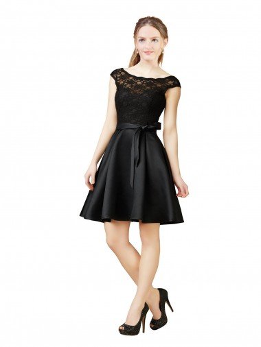 Cheap Lace and Satin Cocktail Bridesmaid Dress with V-Back