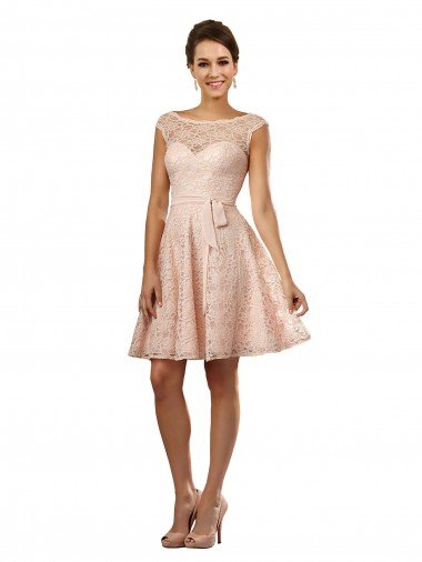 Cheap Short Knee Length Lace Bridesmaid Dress with Matching Chiffon Tie Sash