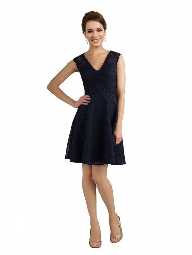 Cheap Short V-Neck Lace Cocktail Bridesmaid Dress with Illusion Back