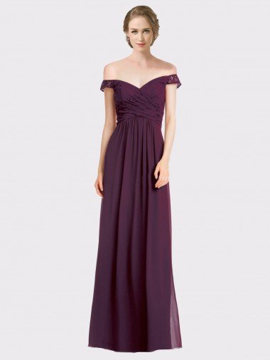 Cheap Sweetheart Long Bridesmaid Dress with Off the Shoulder Cap Sleeve Lace Bodice