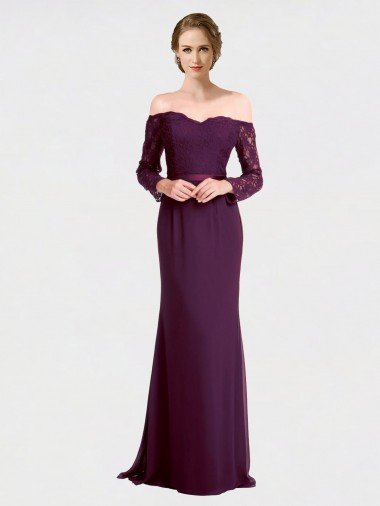 Cheap Full Length Long Bridesmaid Dress with Lace Off The Shoulder Bodice