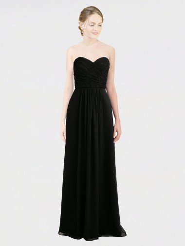 Cheap Long Strapless Lace Bodice Bridesmaid Dress with Sweetheart Neckline and Criss-Cross Pleats