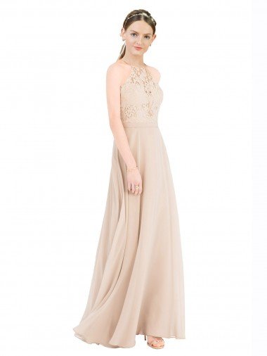 Cheap High Halter Neck Illusion Lace Bridesmaid Dress / Prom Dress with Chiffon Skirt and Keyhole Back