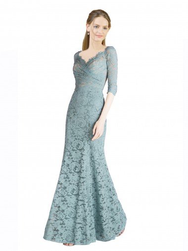 Cheap Half Sleeves Pleated Lace Bridesmaid Dress / Prom Dress with Wrap-Around Portrait Neckline