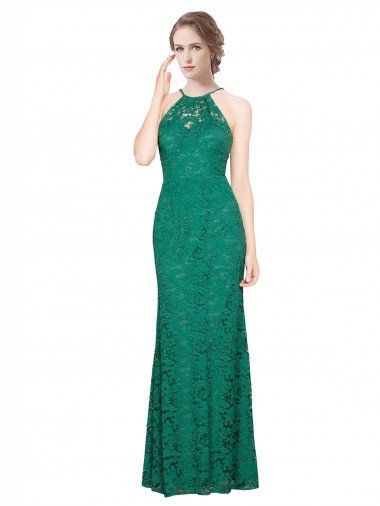 Cheap High Illusion Halter Neck Long Lace Bridesmaid Dress / Prom Dress