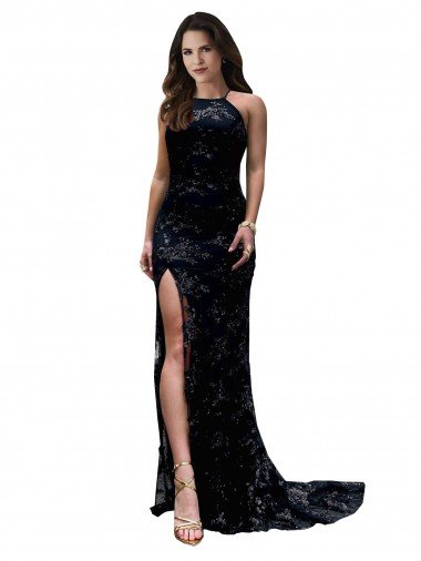 Cheap Formal High Neckline Lace Open Back Bridesmaid Dress / Prom Dress with High Slit