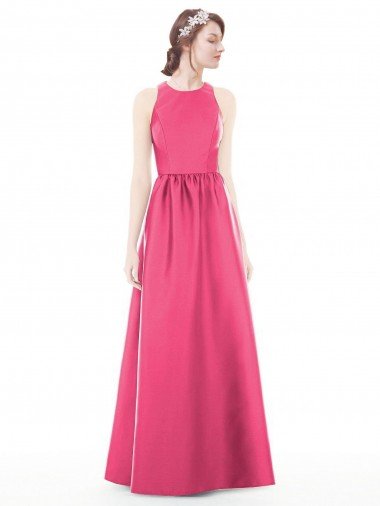 Cheap Jewel Neck Keyhole Back Sleek Long Satin Bridesmaid Dress