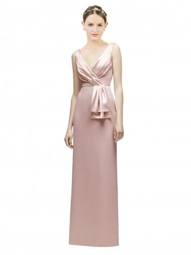 Cheap Sleeveless V-Neck Long Satin Bridesmaid Dress with Draped Bodice and Tiered Bow