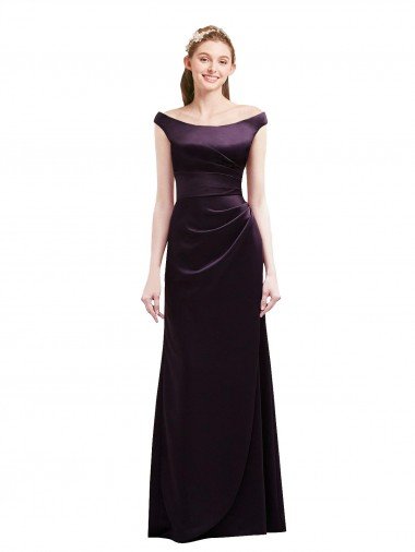 Cheap Off The Shoulder Long Satin Bridesmaid Dress with Asymmetrical Pleated Bodice