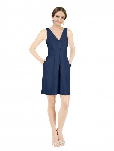 Cheap Deep V-Neck Short Knee Length Satin Cocktail Bridesmaid Dress with Slimming Pleats