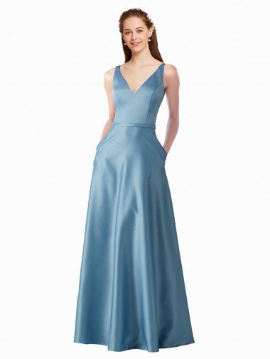 Cheap Classic Satin V-Neck A-Line Bridesmaids Dress with Pockets
