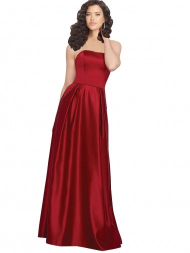 Cheap Strapless Satin Bridesmaids Dress with Beaded Pocket and Soft Pleating