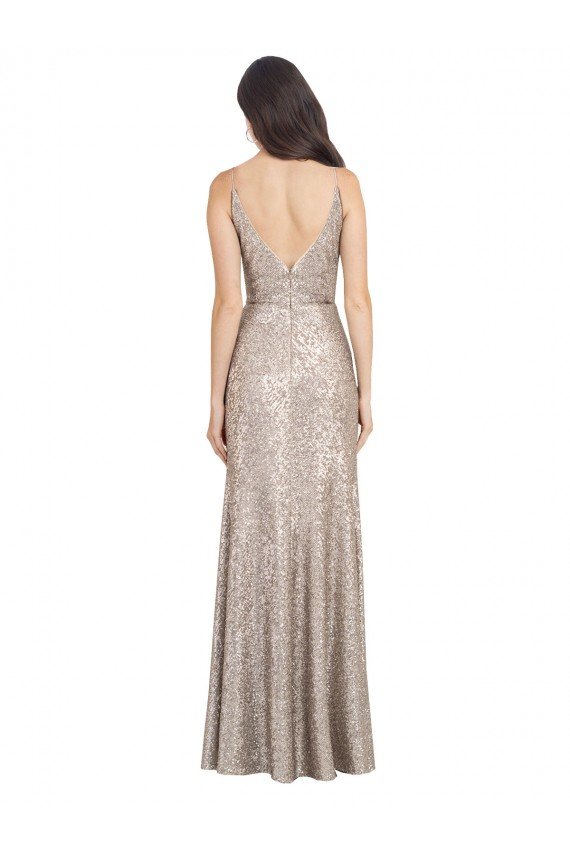 V-Neck Fully Sequin Formal Bridesmaid Dress / Prom Dress with V-Back and Front Slit