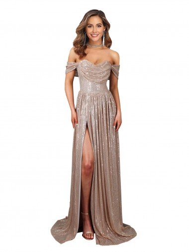 Cheap Strapless Scoop Neck Off the Shoulder Long Formal Sequin Bridesmaid Dress / Prom Dress with High Slit