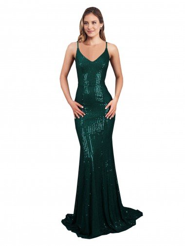 Cheap Fishtail Shaped V-Neck Open Back Long Formal Sequin Bridesmaid Dress / Prom Dress