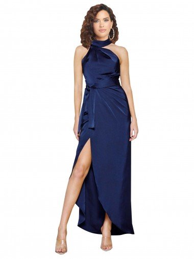 Cheap Full Length High Neck Wrap Formal Silky Satin Bridesmaid Dress / Prom Dress with Waist Tie