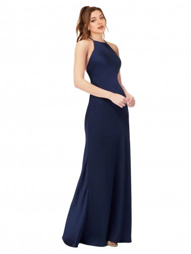 Cheap High Neck Satin Bridesmaid Dress / Prom Dress with Strappy Back