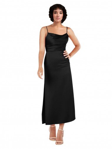 Cheap Cowl Neck Formal Tea-Length Short Silky Satin Bridesmaid Dress / Cocktail Prom Dress with Skirt Slit