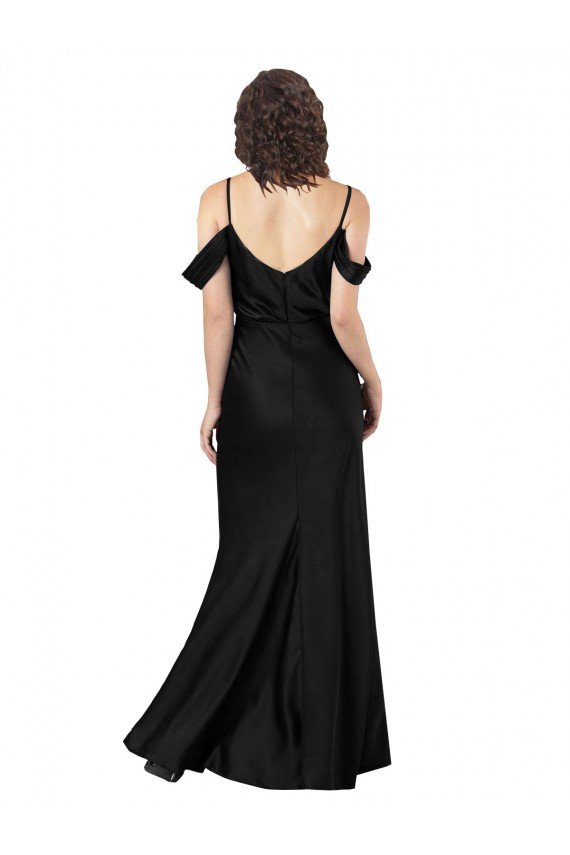 Off the Shoulder Sleeves Formal Silky Satin Bridesmaid Dress / Prom Dress with Skirt Slit
