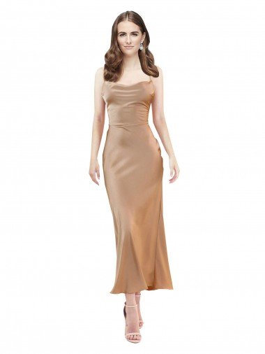 Cheap Cowl Neck Formal Silky Satin Midi Length Bridesmaid Dress / Cocktail Prom Dress Low Back