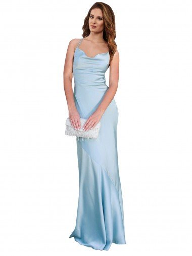 Cheap Open Back with Ties Cowl Neck Sheath Formal Silky Satin Long Bridessmaid Dress