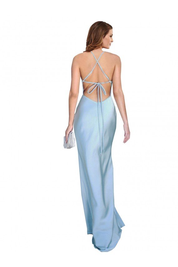 Open Back with Ties Cowl Neck Sheath Formal Silky Satin Long Bridessmaid Dress