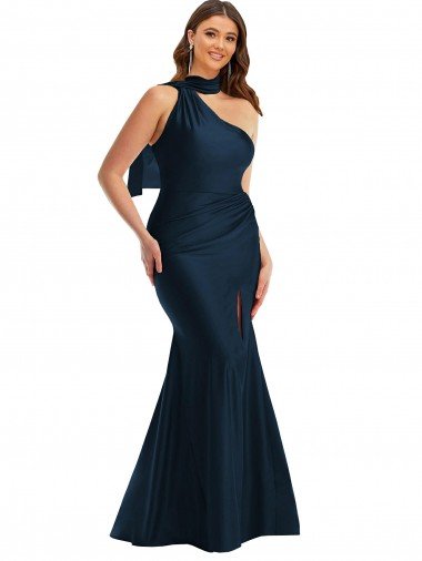 Cheap Scarf Neck One Shoulder Formal Silky Satin Mermaid Bridesmaid Dress / Prom Dress with Front Slit