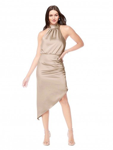 Cheap Silky Satin High Low Midi Cocktail Length Bridesmaid Dress / Prom Dress with Asymmetric Skirt