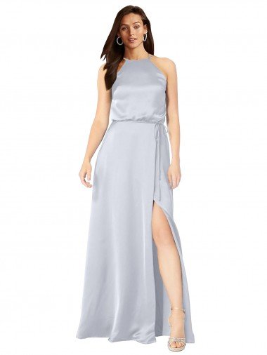 Cheap Halter Neck Formal Silky Satin Bridesmaid Dress with Strappy Back