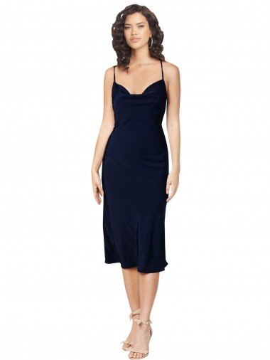 Cheap Short Cocktail Midi Length Formal Silky Satin Bridesmaid Dress / Prom Dress with Cowl Neck and Cross Back Straps