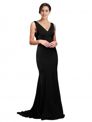 Cheap V-Neck Full Length Formal Silky Satin Bridesmaid Dress / Prom Dress with Soft Cowl Neck and Sweep Train