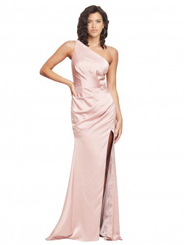 Cheap Full Length Ruched Formal Silky Satin Bridesmaid Dress / Prom Dress with Low Back and High Split