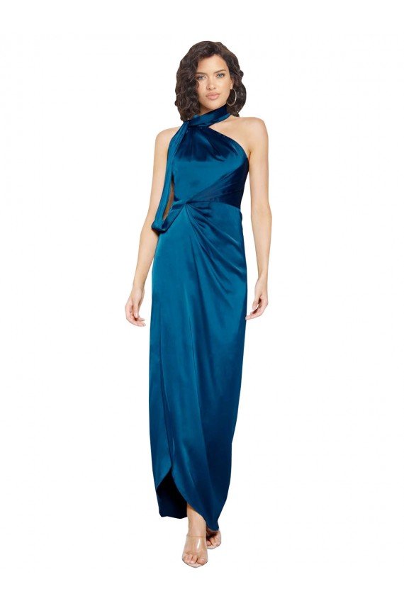 High Halter Neck Formal Silky Satin Bridesmaid Dress / Prom Dress with Sash Overlay and Side Split