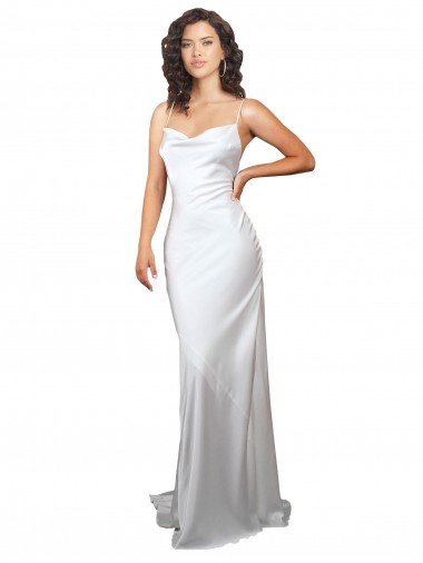 Cheap Simple Sweep Train Low Back Tie Cowl Neck Long Silky Satin Beach Wedding Dress