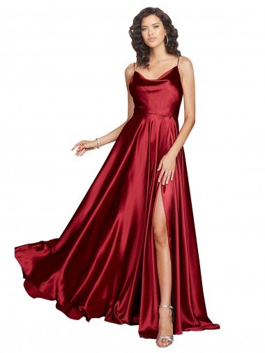 Cheap Cowl Neckline Long Formal Silky Satin Bridesmaid Dress / Prom Dress with Spaghetti Straps