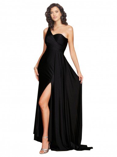 Cheap Floor Length One Shoulder Formal Silky Satin Bridesmaid Dress / Prom Dress with Side Slit