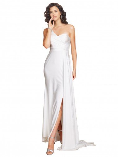 Cheap One Shoulder Floor Length Silky Satin Wedding Dress with Side Slit