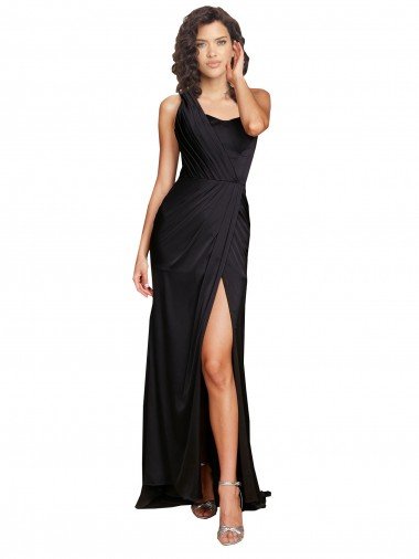 Cheap Full Length One Shoulder Ruffled Long Formal Silky Satin Bridesmaid Dress / Prom Dress with High Slit